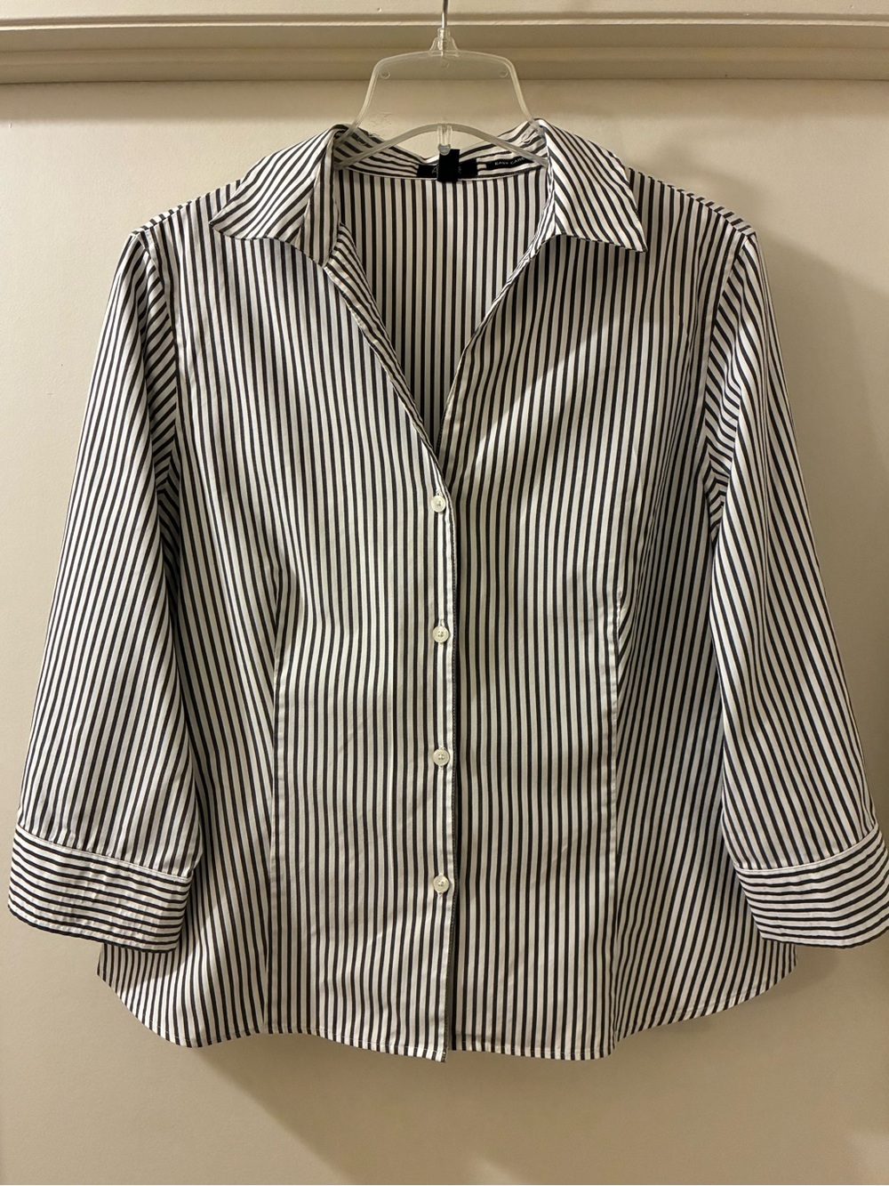 Jones New York Black and White Vertical Stripe Button-Front Blouse